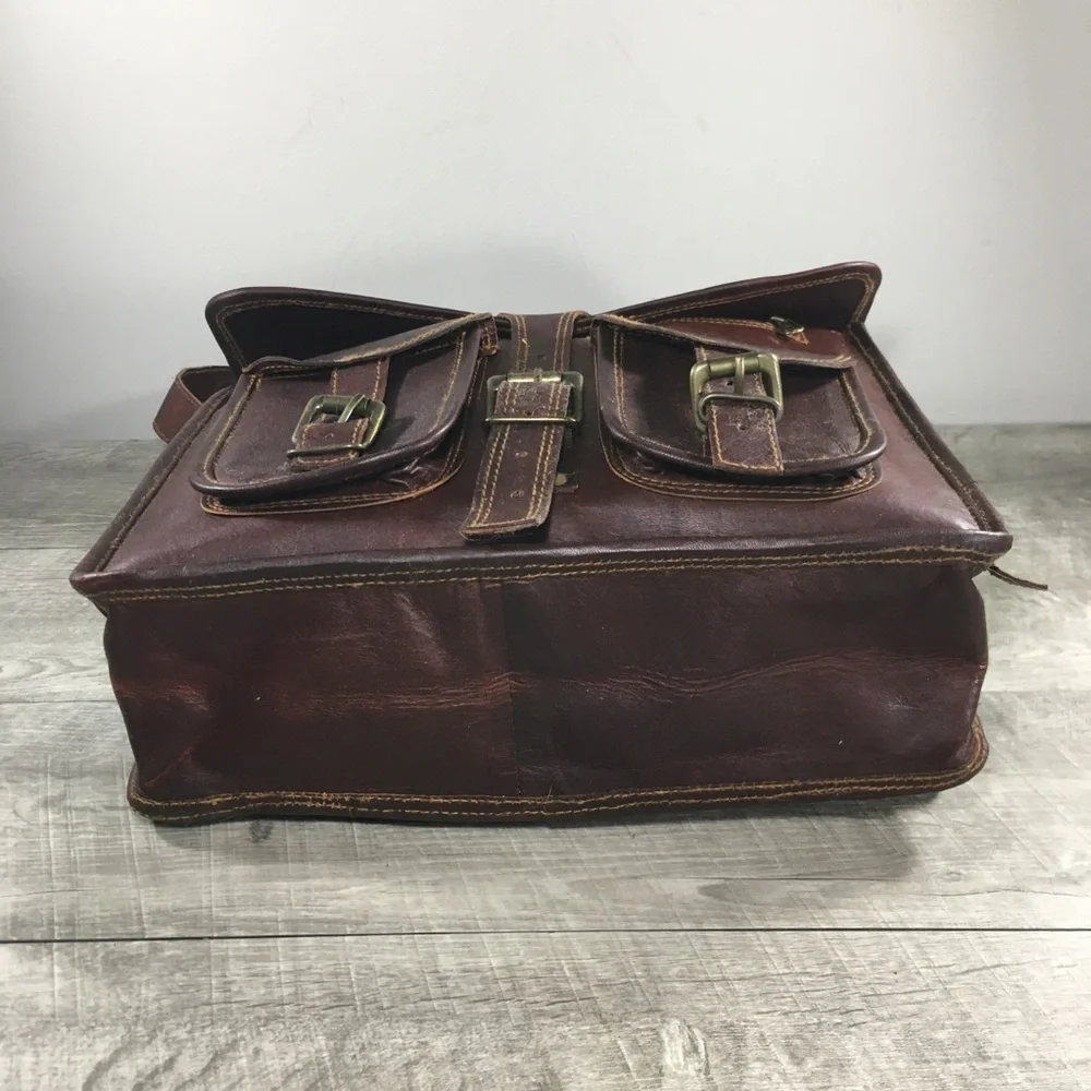 Vtg Waxed Leather Brown School Messenger Briefcase Shoulder Bag Computer Laptop